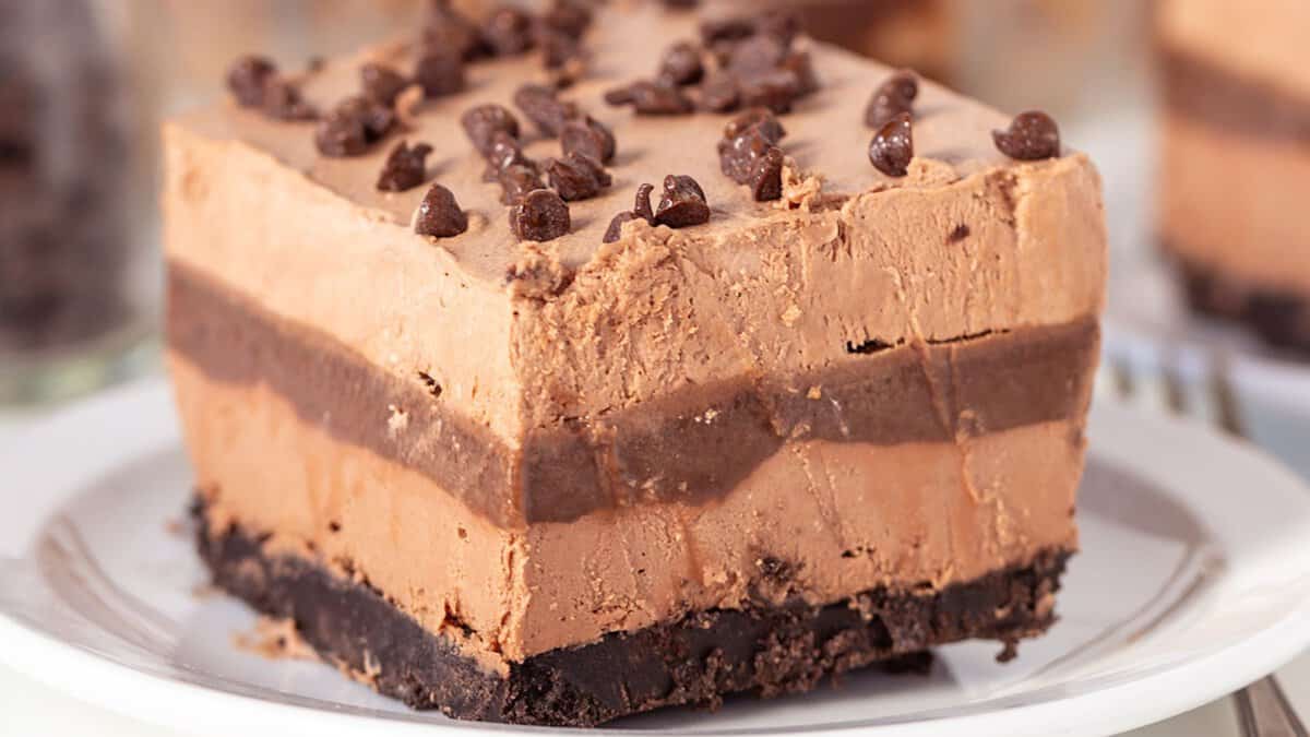 A square slice of layered chocolate mousse cake, one of our most decadent desserts, is topped with chocolate chips and served on a white plate.