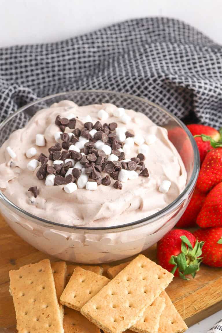 A glass bowl of Hot Cocoa Dip—a delicious dessert dip with chocolate chips and mini marshmallows—sits on a wooden board with graham crackers and fresh strawberries nearby.