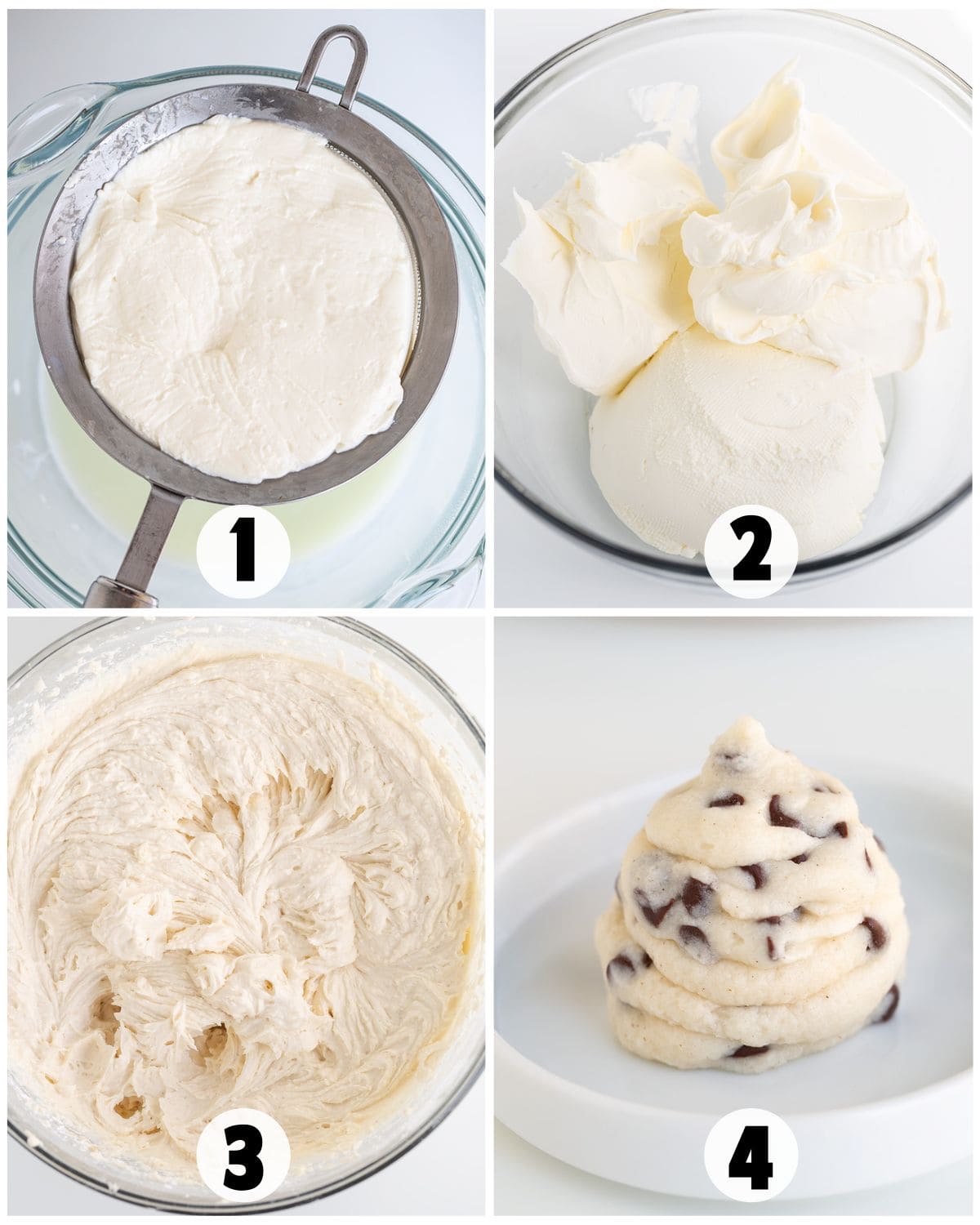 Four-step process of making Cannoli Cream: straining ricotta, combining ingredients in a bowl, mixing until smooth, and piping finished Cannoli Frosting with chocolate chips onto a plate.