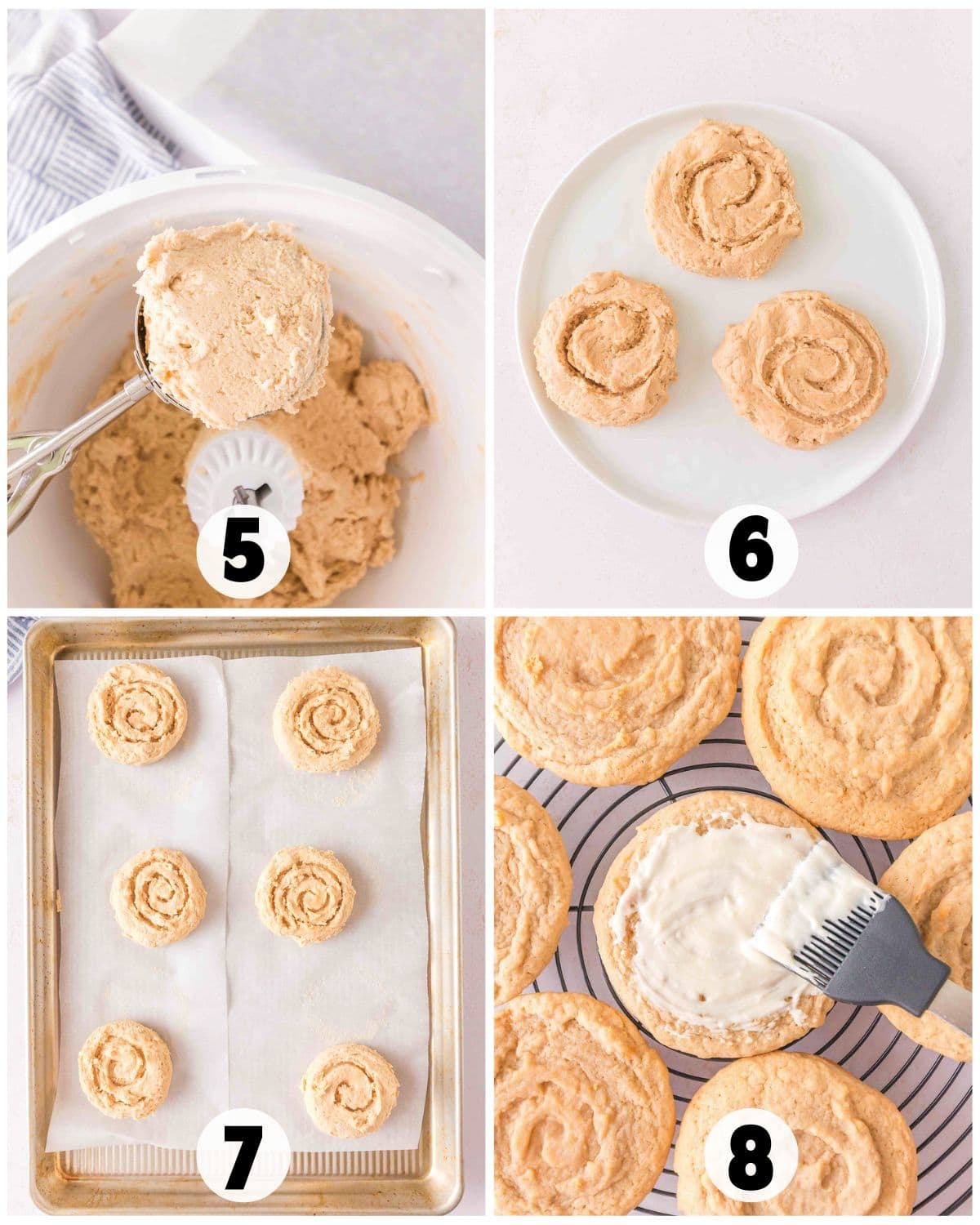 Four-step process of making Honey Bun Cookies: scooping dough (5), placing dough swirls on a plate (6), arranging on a lined baking sheet (7), and brushing icing on baked cookies (8).