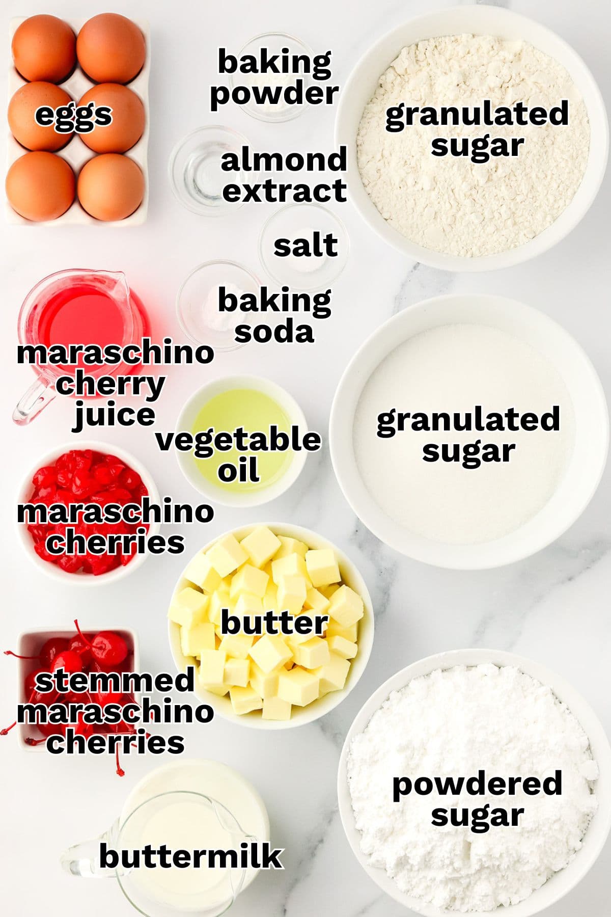 Ingredients for Cherry Chip Cake, such as eggs, baking powder, almond extract, salt, cherry juice, maraschino cherries, and more, are neatly arranged in bowls and cups for baking.