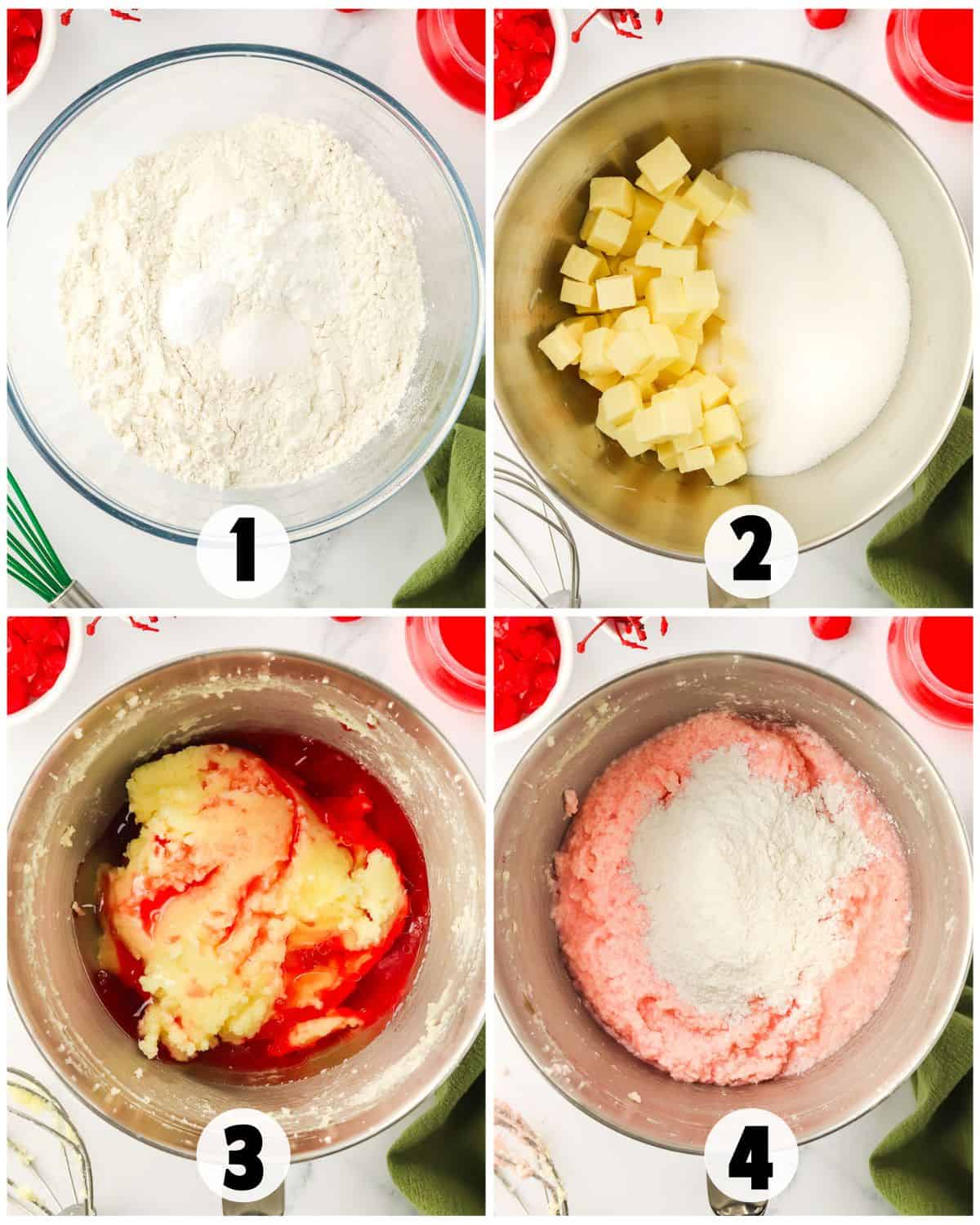 Step-by-step images show making Cherry Chip Cake batter: mixing dry ingredients, creaming butter and sugar, adding liquids, then folding in flour to create a perfect pink mixture.