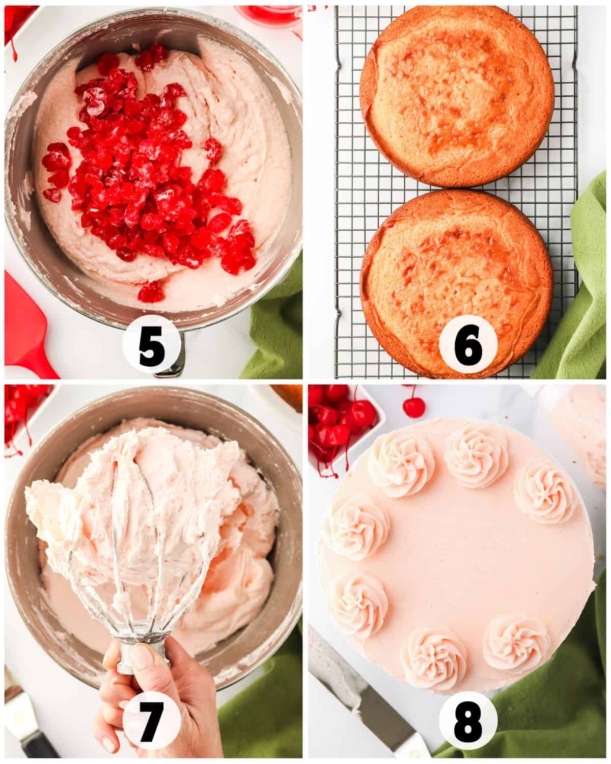 Four-step collage for making a Cherry Chip Cake: mixing chopped cherries into batter, cooling baked cake layers, whipping pink frosting, and decorating the finished cake with piped rosettes.