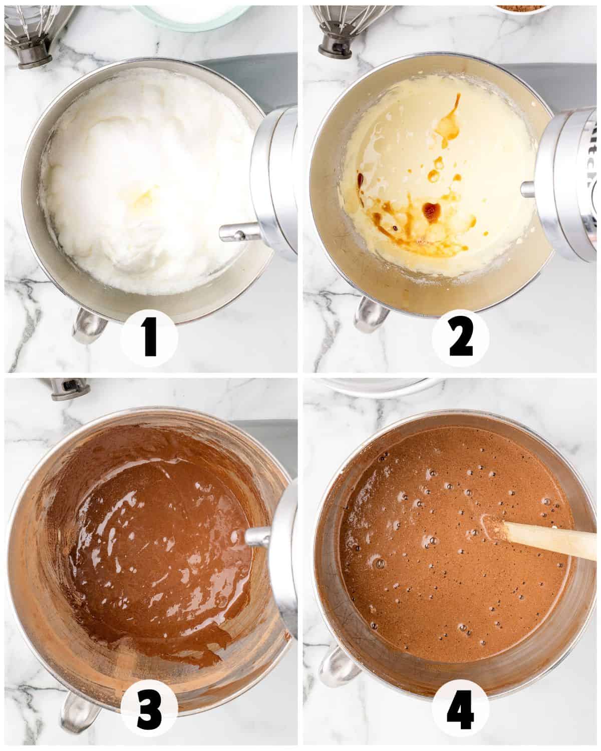 Four-step collage showing the Chocolate Mousse Cake process: whipped egg whites in a mixer bowl (1), wet ingredients added (2), chocolate batter forming (3), and smooth chocolate batter with a spatula (4).