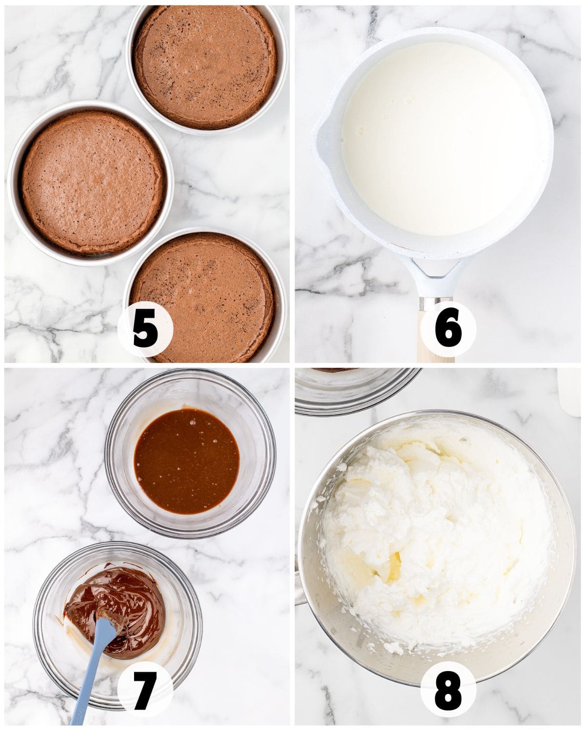 Four numbered steps for making a Chocolate Mousse Cake: baked cake layers (5), milk in a saucepan (6), melted chocolate in a bowl (7), and whipped cream in a mixing bowl (8).