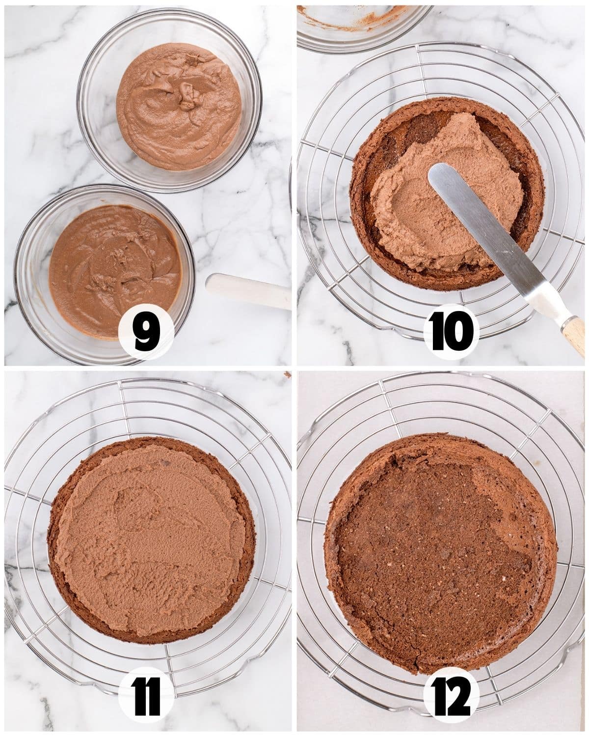 Step-by-step images for Chocolate Mousse Cake show batter in bowls (9), spreading chocolate batter in a cake pan (10), smoothing the surface (11), and the baked cake layer ready for mousse (12).