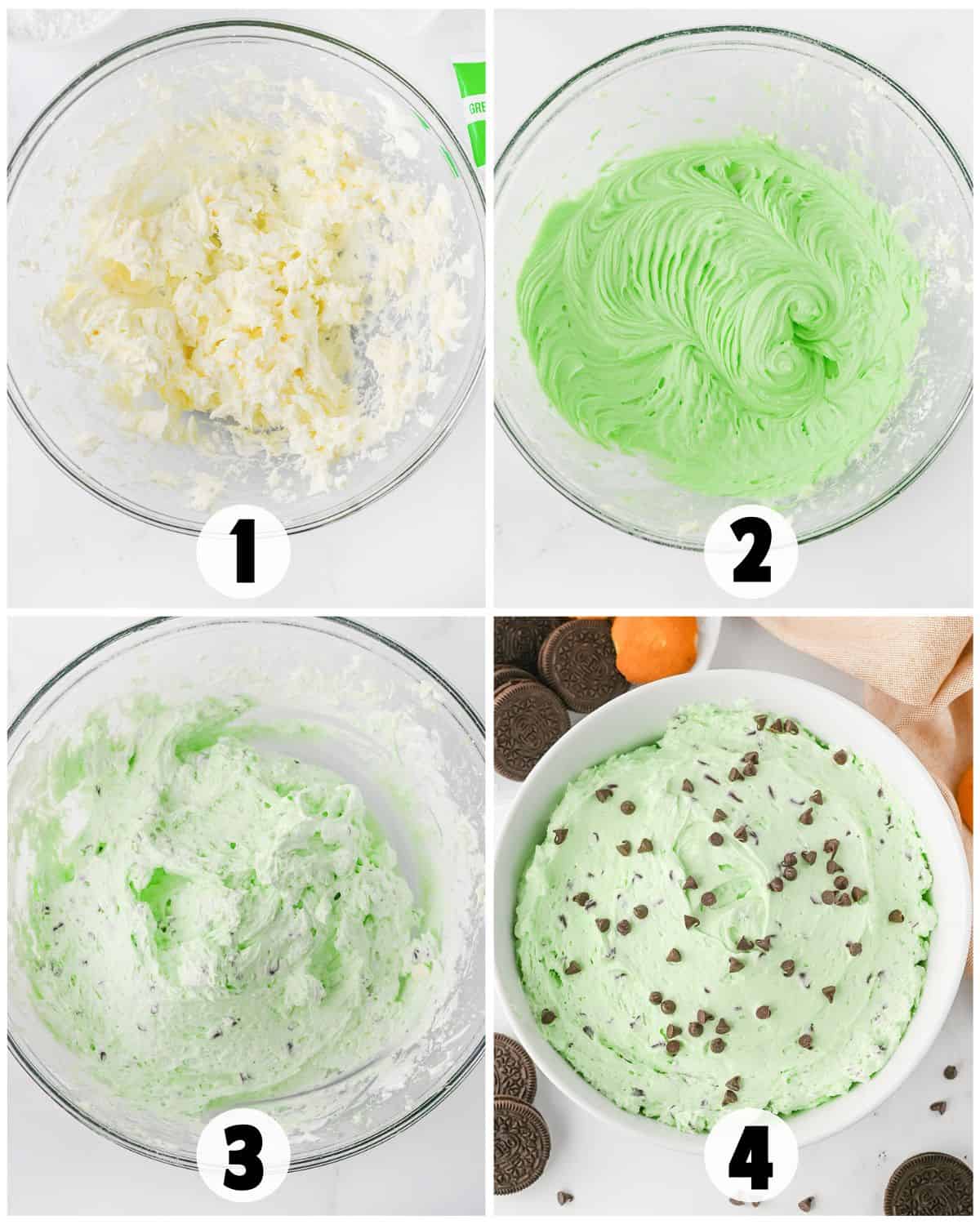 The Mint Chocolate Chip Dip is made in four steps: mix butter and sugar, add green coloring, blend in cream, and fold in chocolate chips.