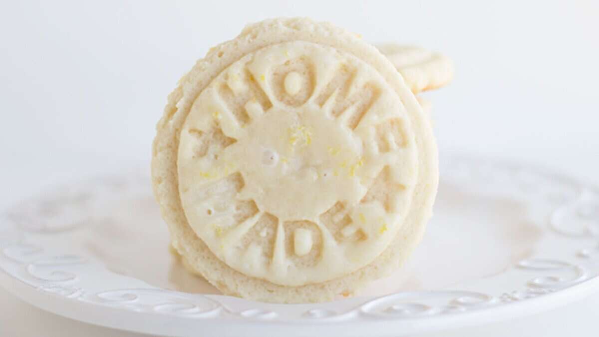 A round cookie with the words "HOME MADE" stamped on top, displayed on a white decorative plate—perfect for fans of lemon desserts and spring desserts alike.