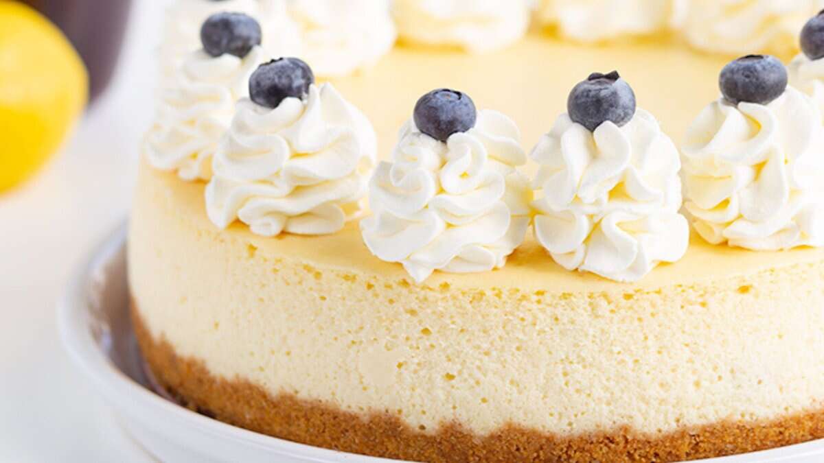 A cheesecake with a graham cracker crust, topped with swirls of whipped cream and blueberries, is a perfect choice for those seeking refreshing spring desserts or delightful lemon recipes.