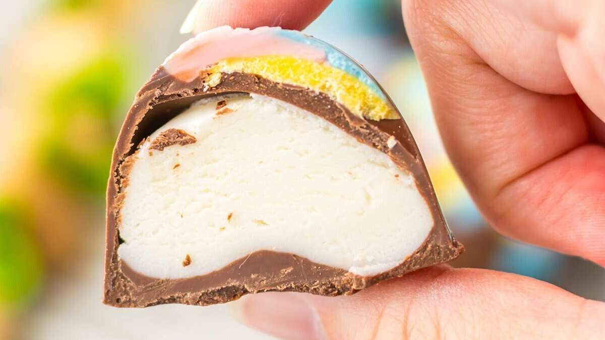 A hand holds a cross-section of a chocolate candy with a creamy white filling and a colorful outer shell—perfect as mini desserts for spring parties.