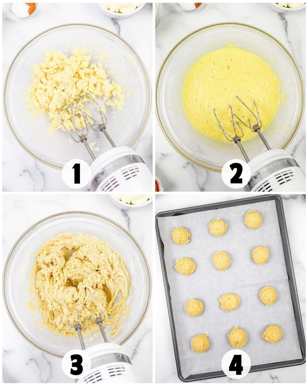Four-step process of making Italian cookies: creaming butter and sugar, adding eggs, mixing in flour, and placing dough balls on a baking sheet.