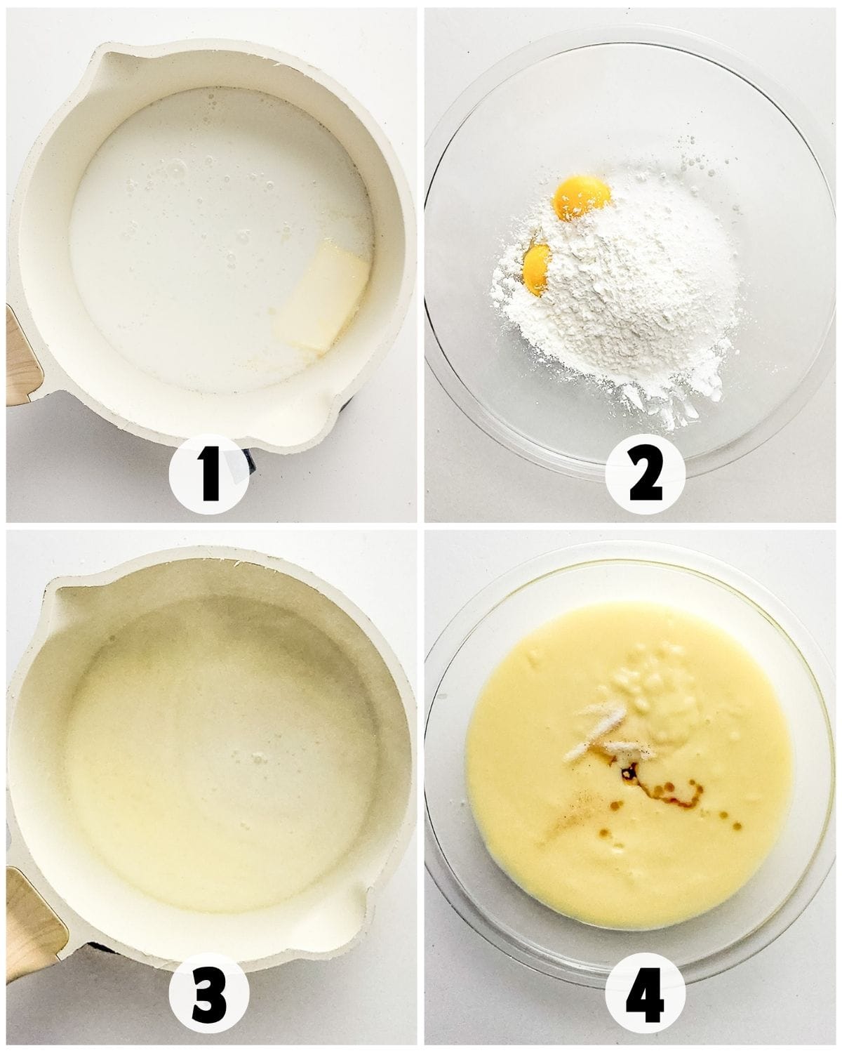 Four-step collage showing a white saucepan with butter and milk (1), a bowl with eggs and flour (2), melted mixture in saucepan (3), and a bowl with yellow Coconut Cream Pie batter and vanilla extract (4).