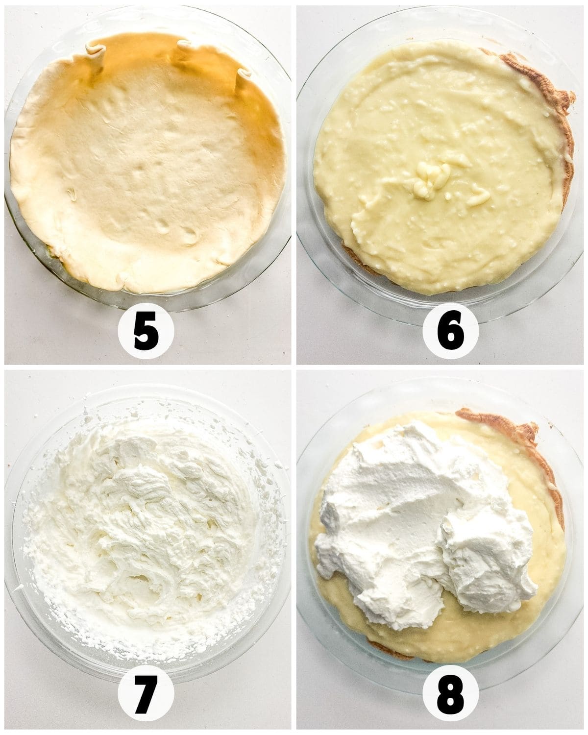 Four step-by-step images show a Coconut Cream Pie: the pie crust (5), pie with creamy custard filling (6), whipped topping in a bowl (7), and the finished pie topped with whipped cream (8).