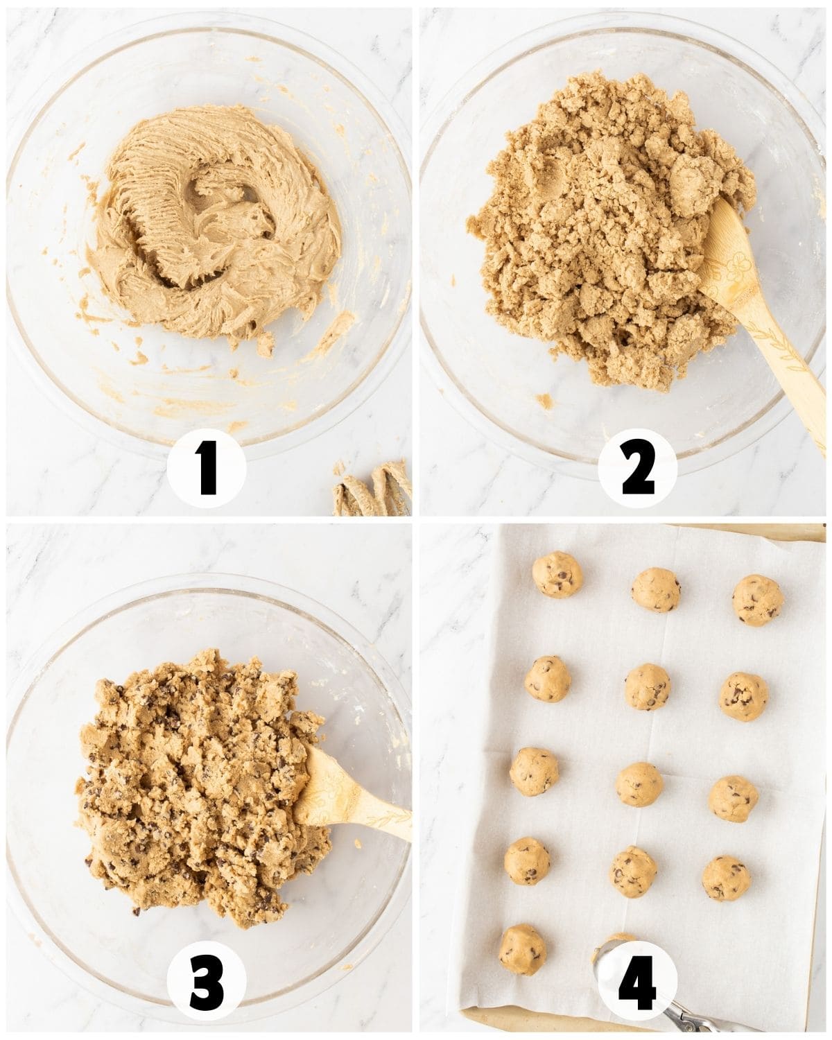 Four-step process for making cookie dough: creamed mixture in bowl (1), dry ingredients added (2), chocolate chips mixed in (3), and scooped dough balls on baking tray (4)&mdash;perfect for homemade Cookie Dough Truffles.
