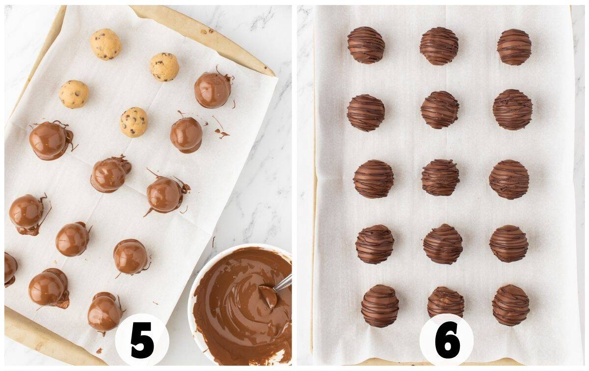 Image showing two baking trays: one with Cookie Dough Truffles being dipped in melted chocolate (labeled 5), and one with fully coated and drizzled chocolate truffles (labeled 6).