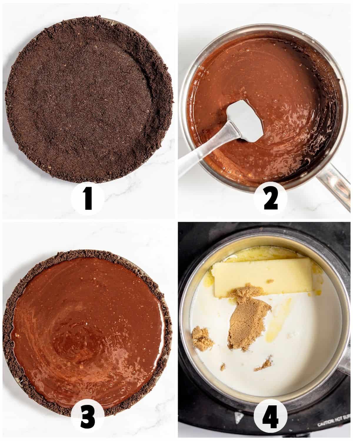 Four-step German Chocolate Pie process: Oreo crust in a pan, chocolate mixture being stirred, crust filled with chocolate, and butter, sugar, and cream melting together in a saucepan.