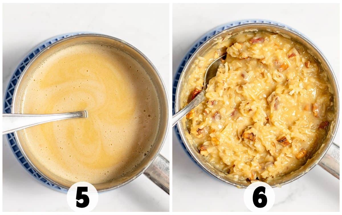 Side-by-side images show the making of German Chocolate Pie: a saucepan with a light brown liquid labeled "5," and a thicker mixture with rice and nuts labeled "6," both with spoons inside.