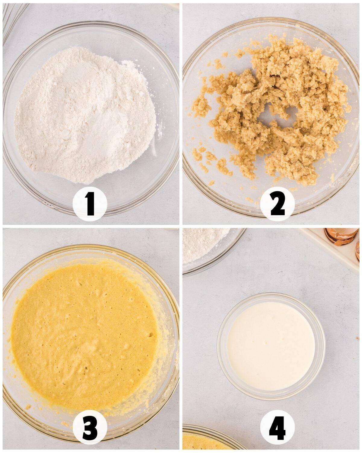Four bowls showing steps to prepare Italian Cream Cake batter: dry ingredients, creamed butter and sugar, mixed wet batter, and a bowl of milk, each labeled 1 to 4.