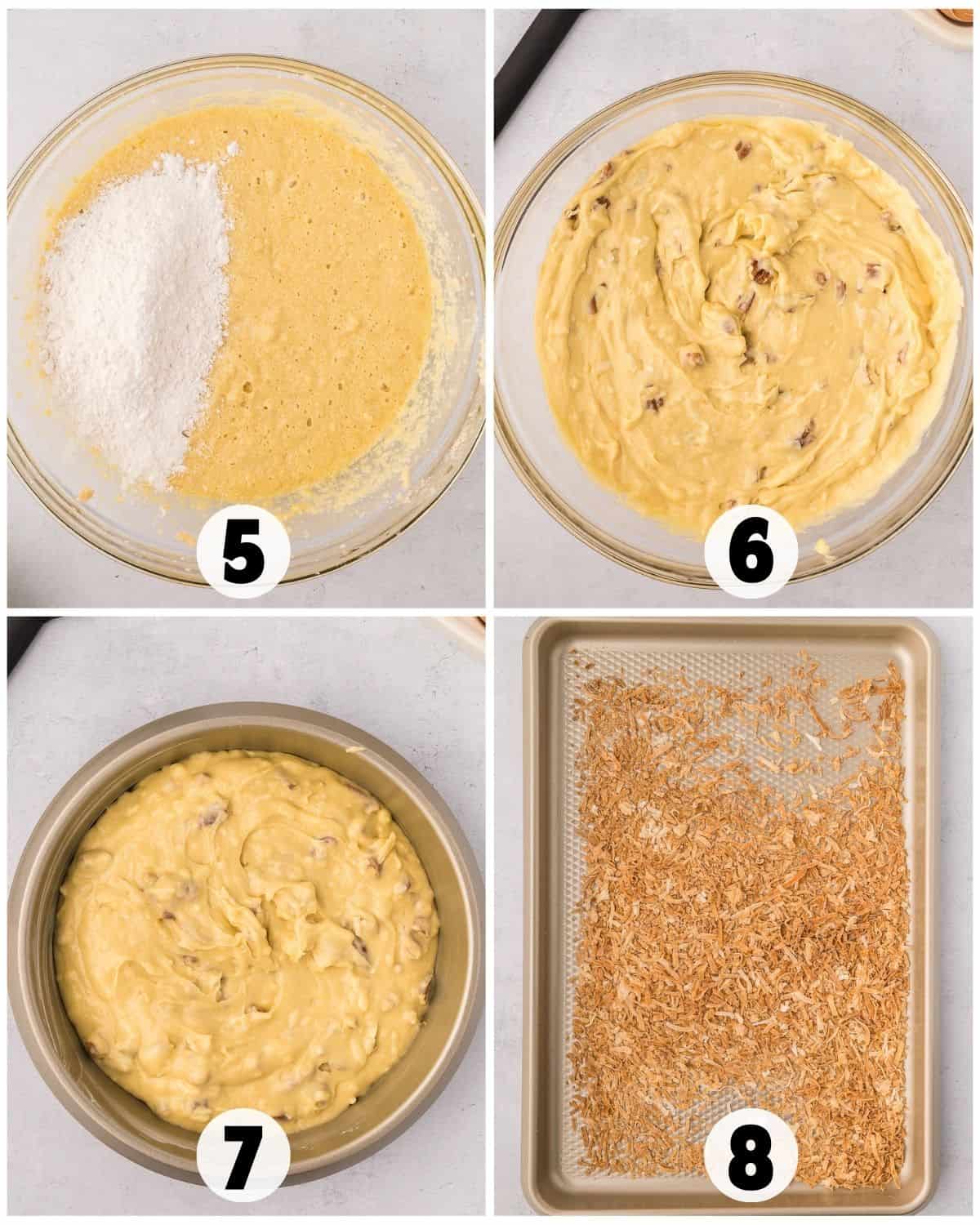 Four-step baking process for Italian Cream Cake: mixing dry ingredients into batter (5), fully mixed batter (6), batter in a round pan (7), and toasted coconut on a baking sheet (8).
