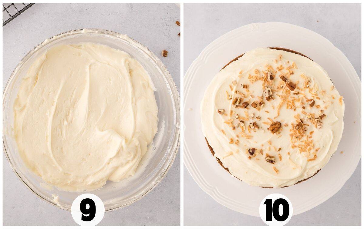 Image split in two: left side shows a bowl of plain cream cheese frosting labeled &ldquo;9,&rdquo; right side shows an Italian Cream Cake topped with chopped nuts and coconut, perfectly frosted and labeled &ldquo;10.&rdquo;.
