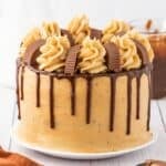 A round Peanut Butter Chocolate Cake with light brown frosting, chocolate drip, piped swirls on top, and pieces of peanut butter cups as decoration.