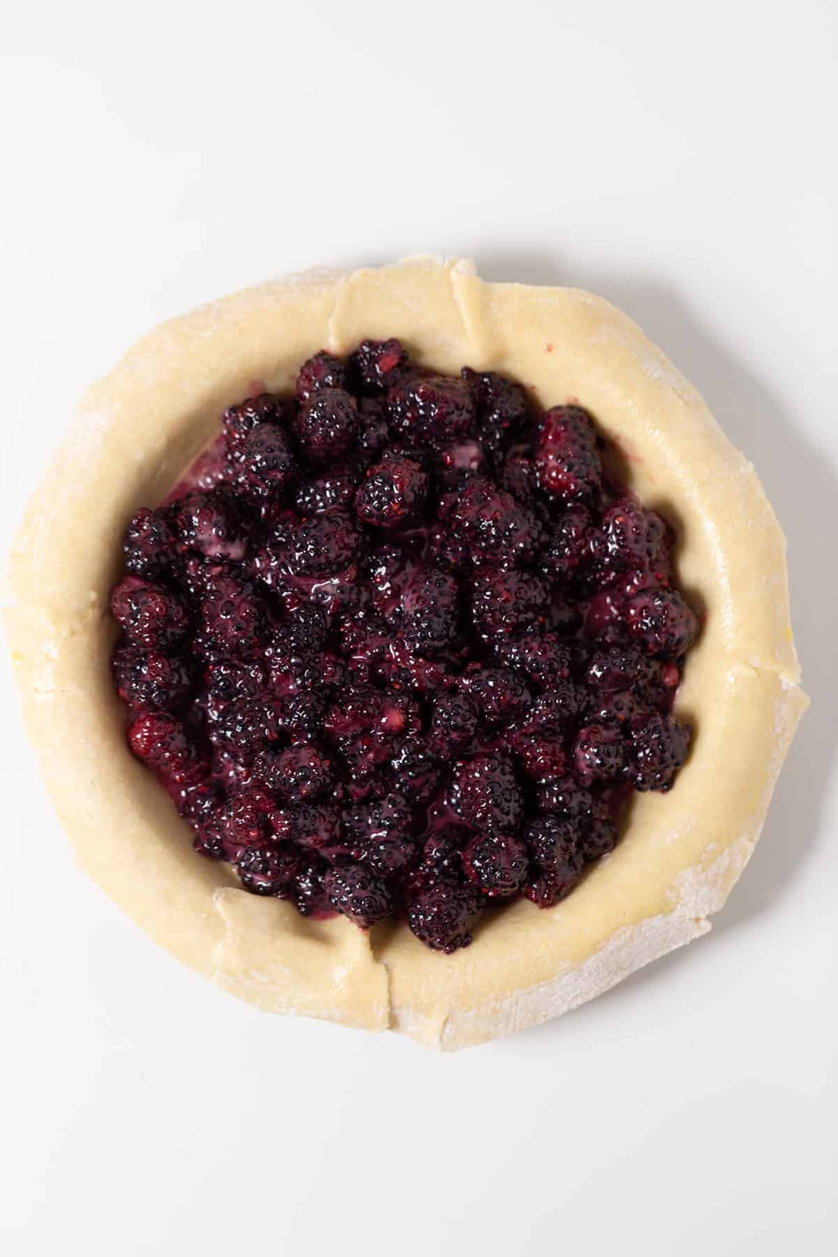 Unbaked Blackberry Pie crust filled with a mixture of fresh blackberries on a white surface.