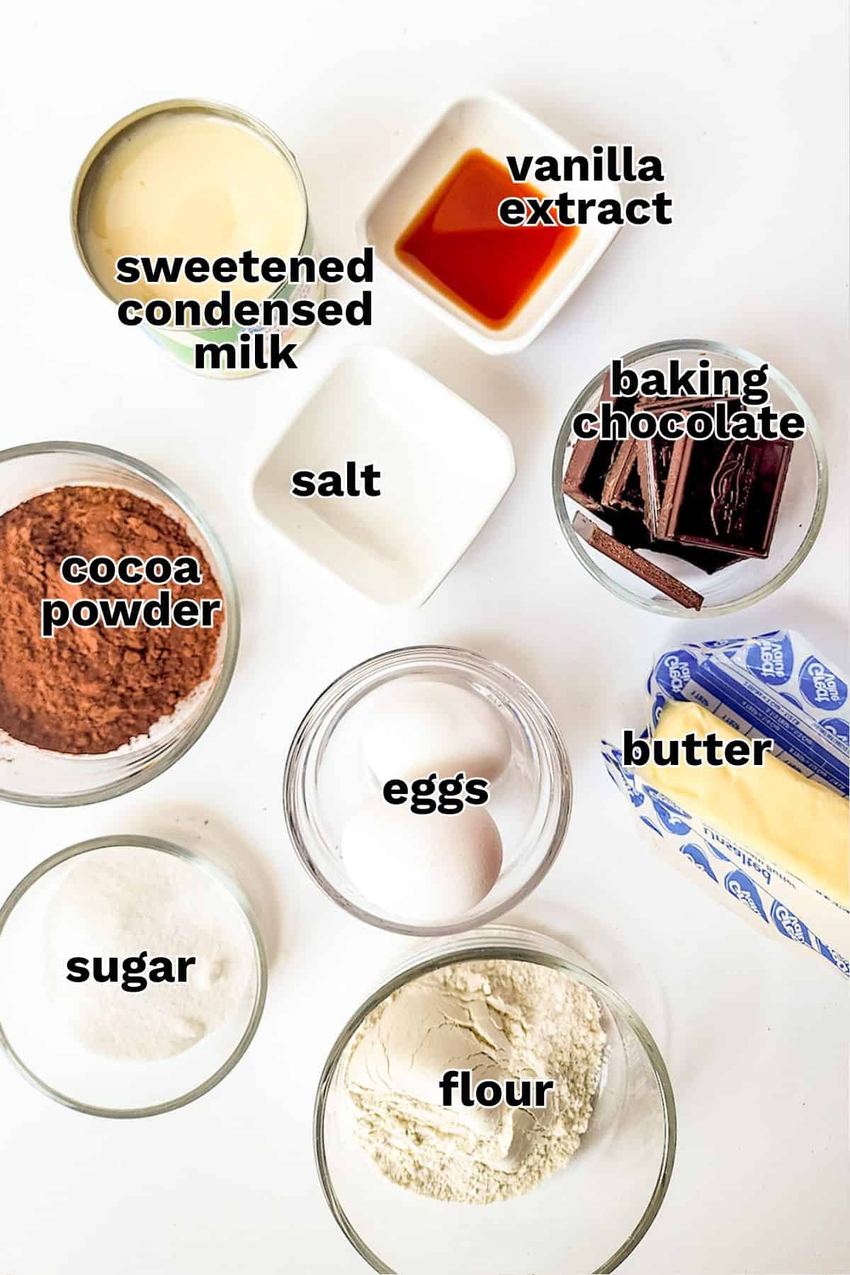 Top-down view of baking ingredients for sweetened condensed milk brownies, including condensed milk, vanilla extract, baking chocolate, cocoa powder, salt, eggs, butter, sugar, and flour&mdash;all clearly labeled.