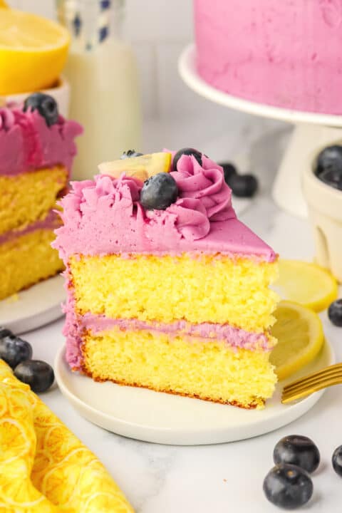 A slice of Blueberry Lemon Cake with purple frosting, topped with a blueberry and a lemon wedge, sits on a plate surrounded by fresh blueberries and lemon slices.