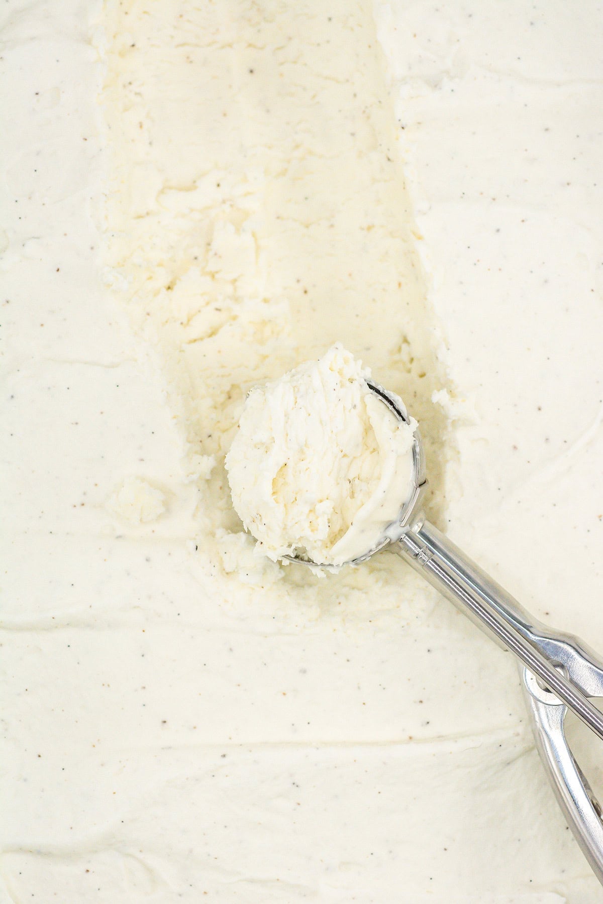 A metal ice cream scoop holding a scoop of No Churn Vanilla Ice Cream rests on a flat surface of the same ice cream, with a section removed.