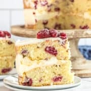 A delectable slice of layered raspberry cake with white frosting and raspberries on top is placed on a plate in front of the remaining Raspberry Cake resting elegantly on a stand.