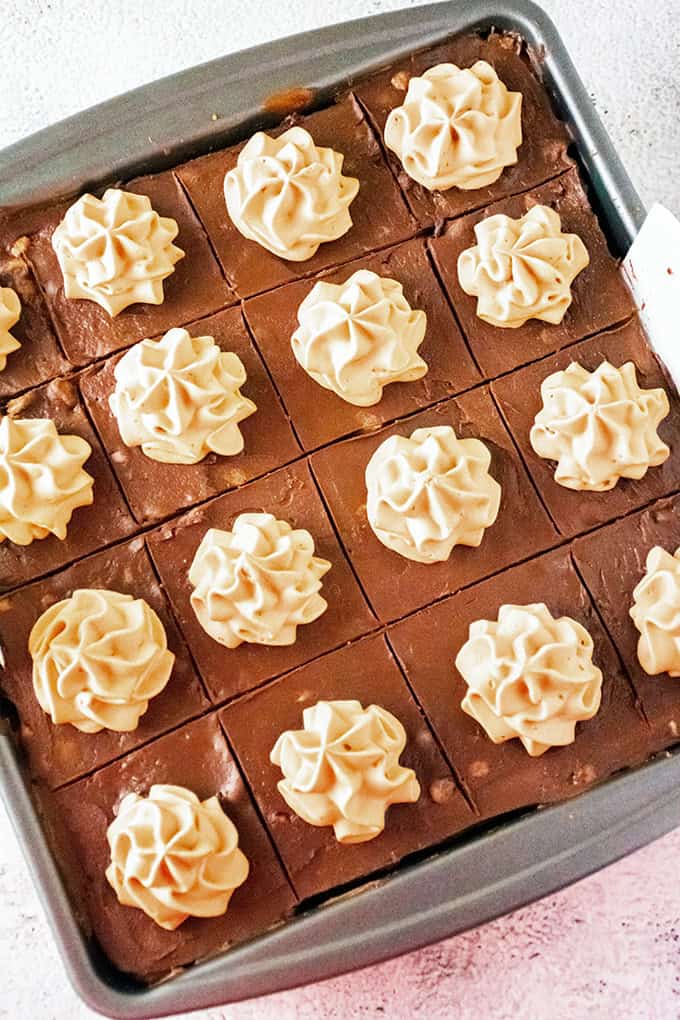 A pan of chocolate fudge squares, each topped with a swirl of light brown frosting, arranged in a grid pattern—perfect for anyone who loves indulgent treats like Cheesecake Bars or Ferrero Rocher-inspired desserts.