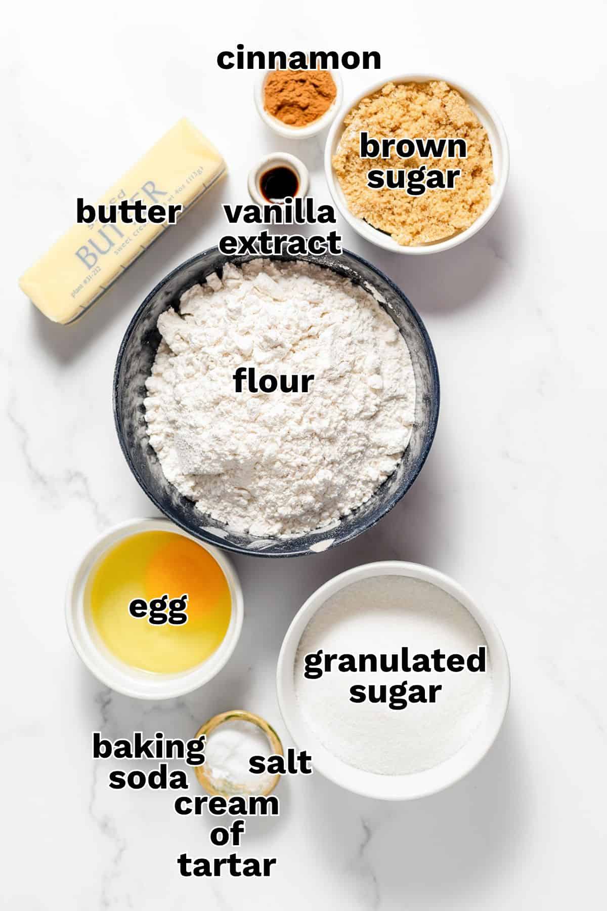 Ingredients for snickerdoodle recipe baking, labeled: butter, cinnamon, brown sugar, vanilla extract, flour, egg, baking soda, salt, cream of tartar, and granulated sugar.