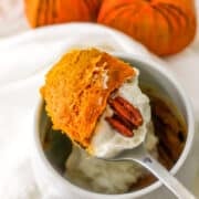A spoonful of pumpkin mug cake topped with whipped cream and a pecan, with two decorative pumpkins in the background.
